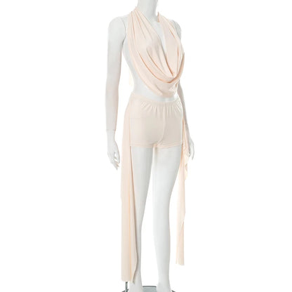 Weird Puss Elegant Women 2 Piece Set Halter Swing Collar Backless Sexy Tank Tops+Side Tassel Shorts Matching Clubwear Outfits