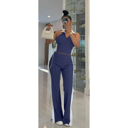 CM.YAYA Sporty Patchwork Women's Set Sleeveless Polo-tank Tops and Slit Flare Pants 2025 Active Two 2 Piece Set Outfit Tracksuit
