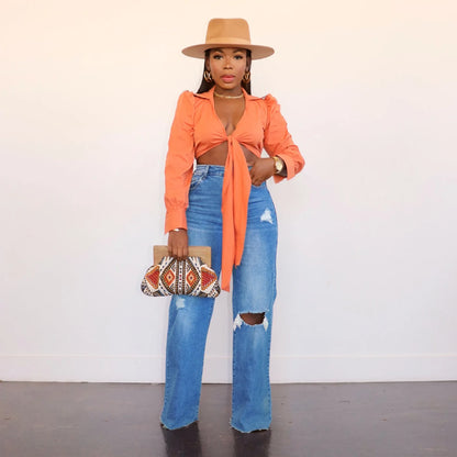 Women Jeans Ankle Length Holes Loose Flat Straight Pants Zipper Fly Pockets Solid Color High Street Slight Strech Denim