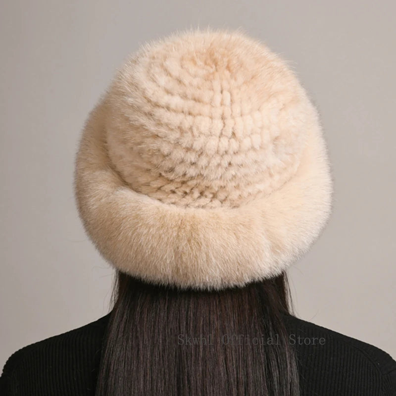 New Genuine Real Natural Knitted Mink Fur Hat Cap Luxury Women Handmade Knit Fashion Winter Headwear Warm Real Fox Fur Beanies