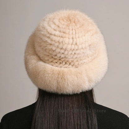 New Genuine Real Natural Knitted Mink Fur Hat Cap Luxury Women Handmade Knit Fashion Winter Headwear Warm Real Fox Fur Beanies