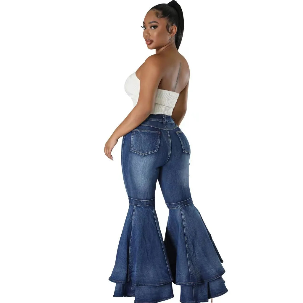 Fashion Versatile Wide Leg Washed Denim Stretch Flared Pants Women