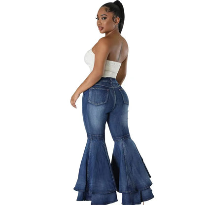Fashion Versatile Wide Leg Washed Denim Stretch Flared Pants Women