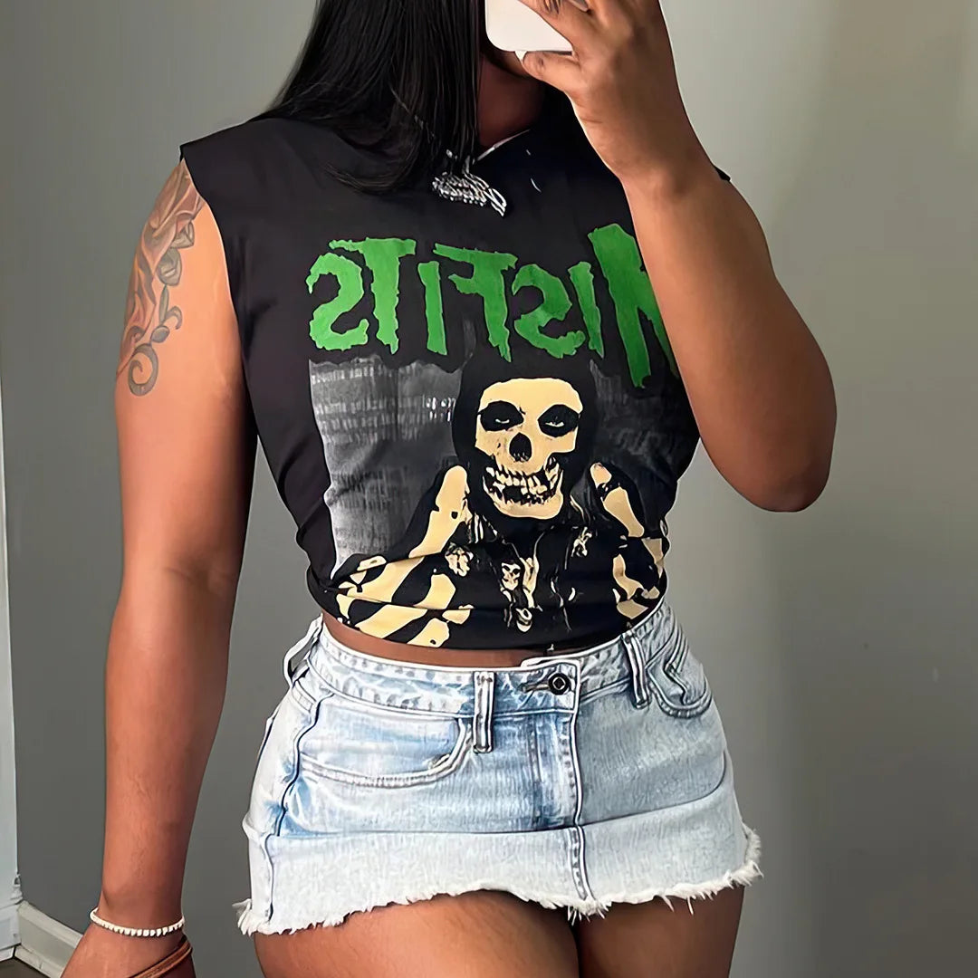 HLJ&GG Black Fashion Graphic Printing Loose T Shirts Women Round Neck Sleeveless Tops Summer New Female Hip Hop Streetwear 2025