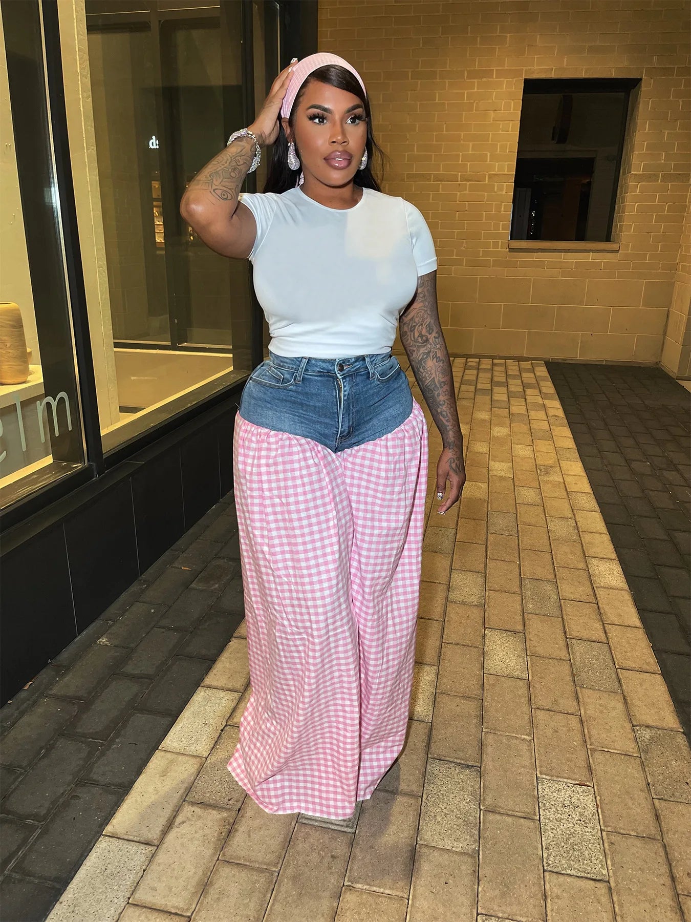 CM.YAYA Fashion Women Plaid Denim Patchwork Loose Wide Leg Jogger Pants 2025 Streetwear Active Hip Hop Sweatpants Trousers