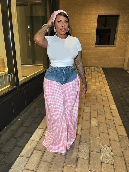CM.YAYA Fashion Women Plaid Denim Patchwork Loose Wide Leg Jogger Pants 2025 Streetwear Active Hip Hop Sweatpants Trousers