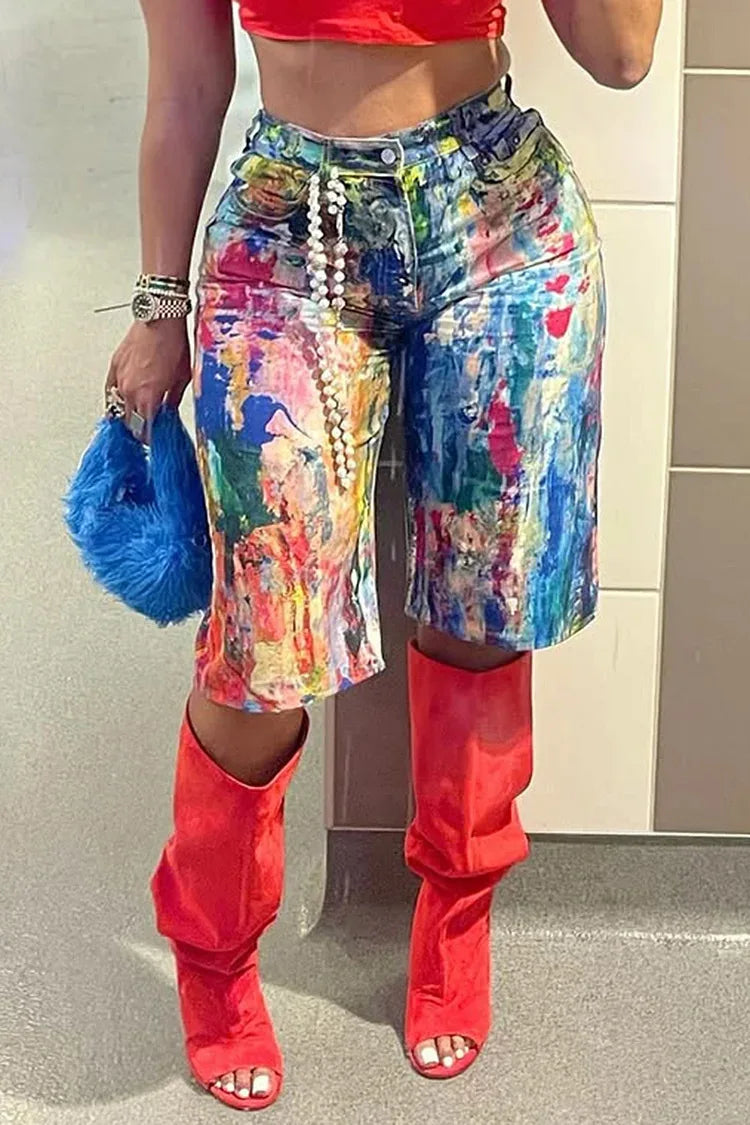 2025 Summer New Women's Pockets Graffiti Shorts Hot Casual Polyester Shorts Mid Waist Short Fashion Streetwear Short Pants