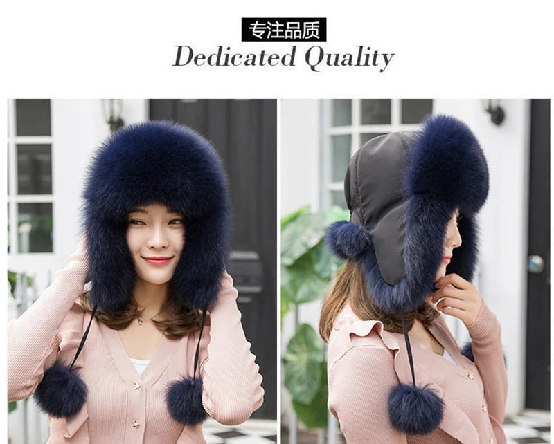 2025 100% Real Fox Fur Hats Women's Russian Ushanka Aviator Trapper Snow Skiing Hat Caps Earflap Winter Raccoon Fur Bomber Hat