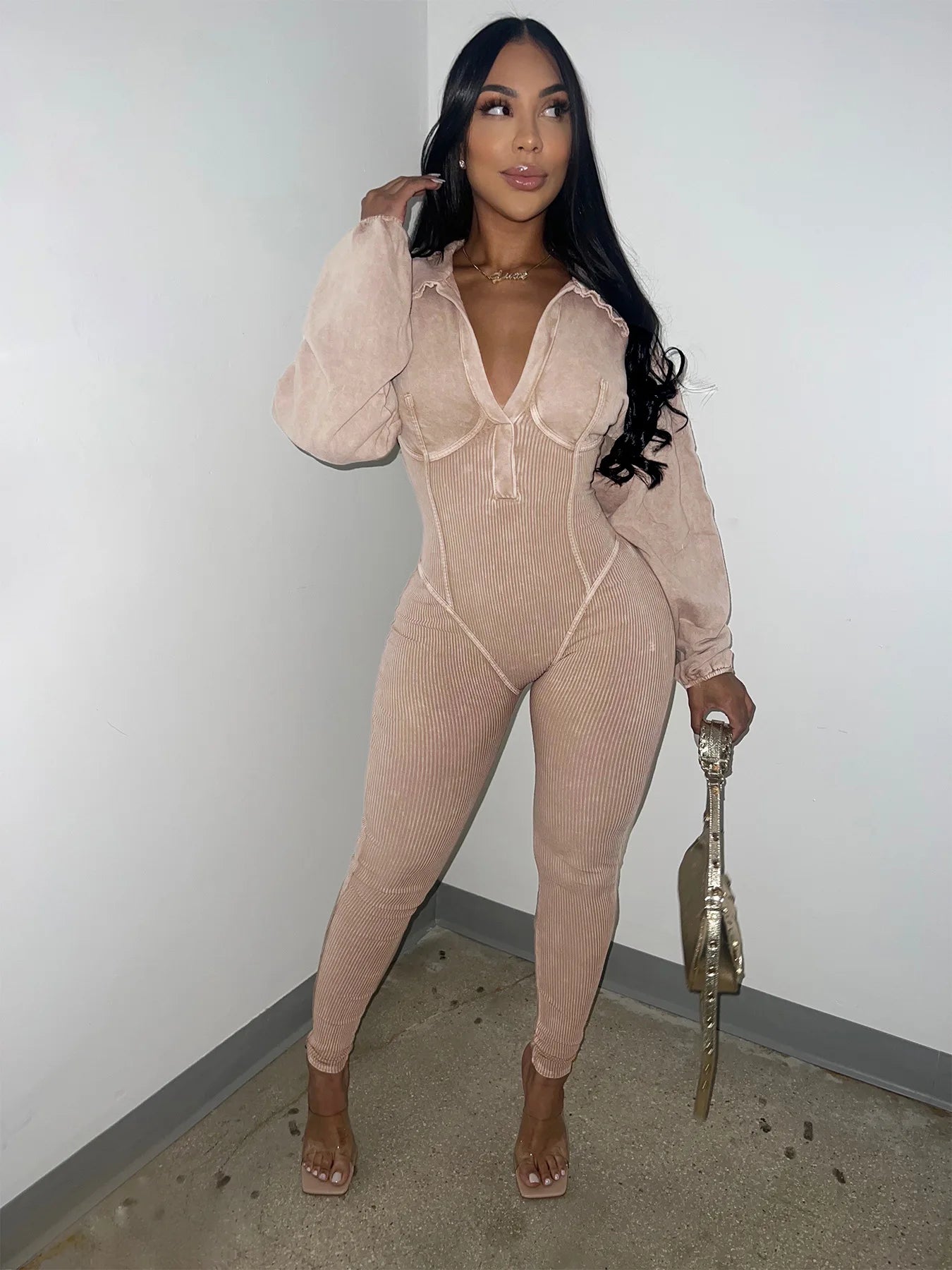 Women's Clothing 2025 Spring Summer New Fashion Bubble Sleeves Sexy Deep V Tight Waist Casual Long Sleeved Jumpsuit Pants