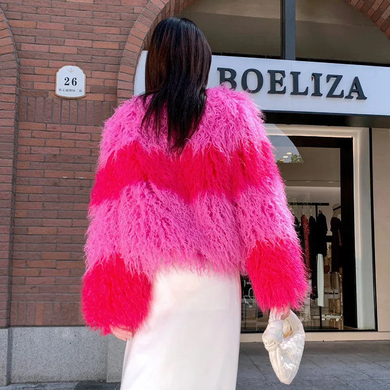 Faux Fur Coats Women Lamb Wool Short Coat Y2k Streetwear Thick Warm Y2k Streetwear Elegant Pink Jackets Open Stitch Jacket