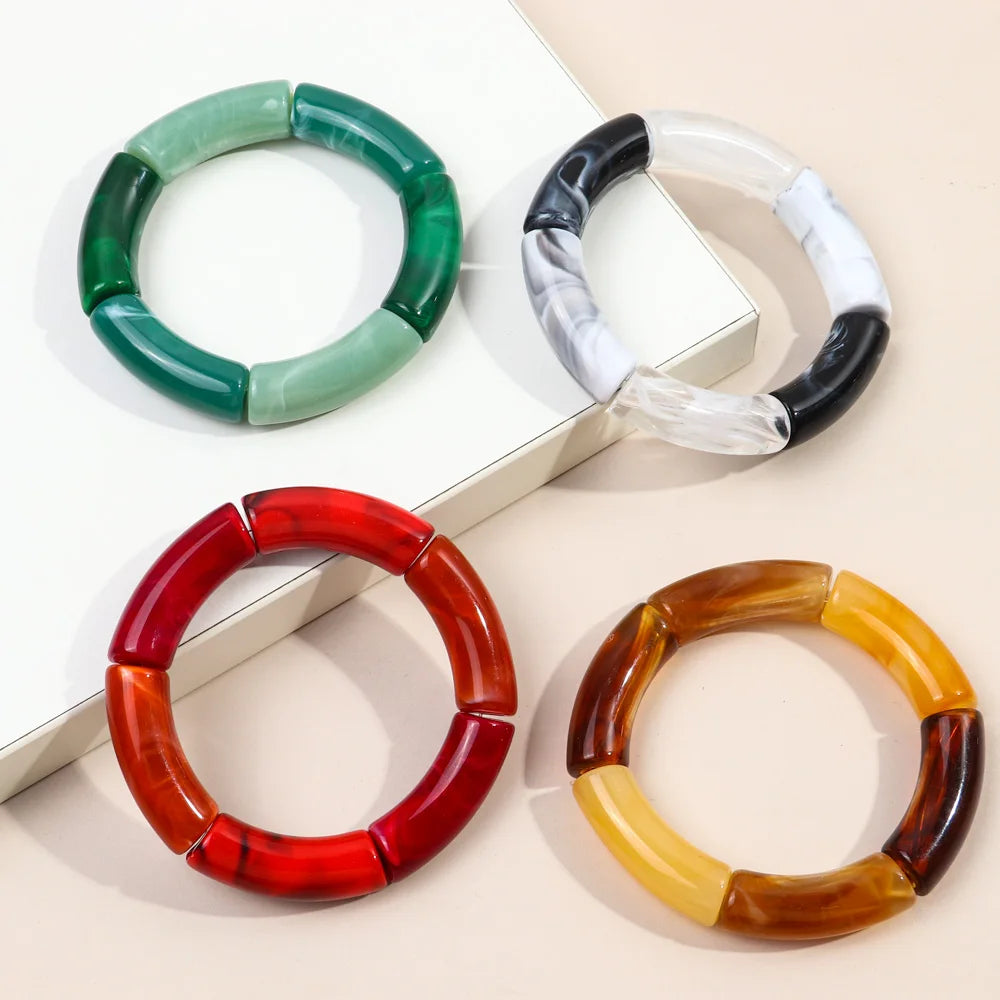 FishSheep Trendy Acrylic Stacked Bamboo Beads Bangles Bracelets for Women Bohemian Resin Elastic Beaded Bracelets Set Jewelry