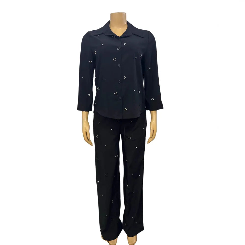 Women Sets Single Breasted Blouses Turn Down Collar Tops Two Pieces Diamonds Ankle Length Straight Pant Pockets Casual Loose