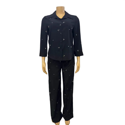 Women Sets Single Breasted Blouses Turn Down Collar Tops Two Pieces Diamonds Ankle Length Straight Pant Pockets Casual Loose