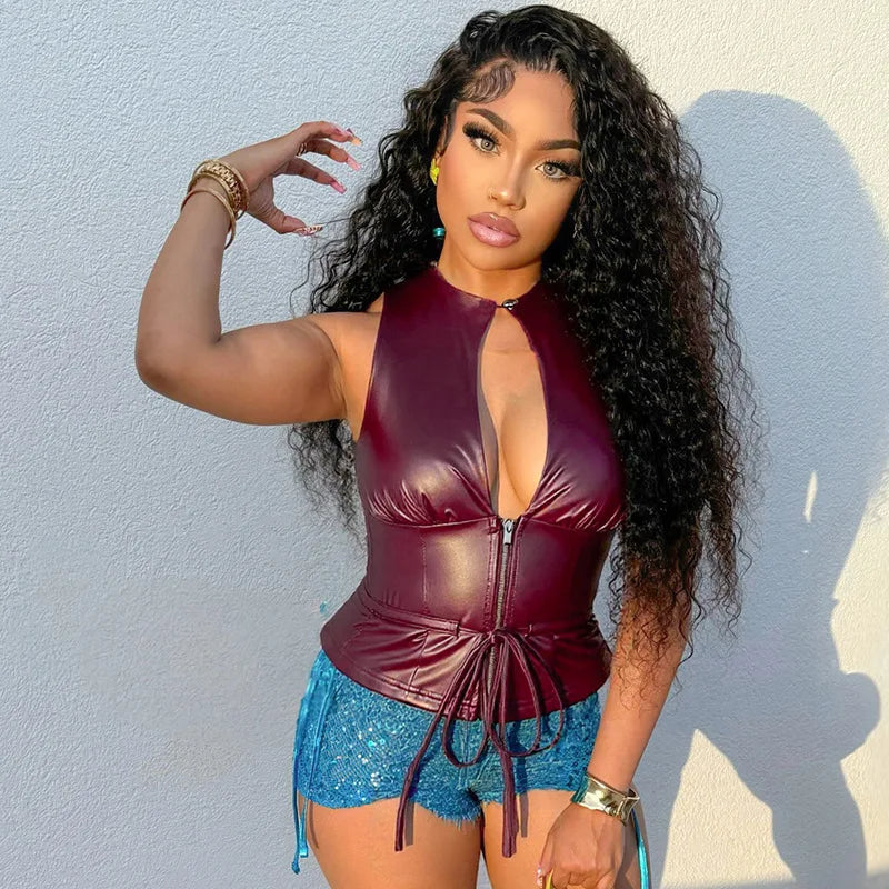 Joskaa 2025 Women's Pu Leather Tops Sexy Cutout Crew Neck Sleeveless Zip Front Tie Detail Tees Party Club Tshirts Y2K Streetwear