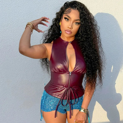 Joskaa 2025 Women's Pu Leather Tops Sexy Cutout Crew Neck Sleeveless Zip Front Tie Detail Tees Party Club Tshirts Y2K Streetwear