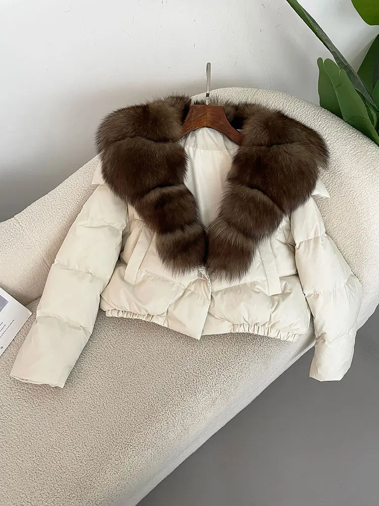 OFTBUY 2025 Big Natural Real Fox Fur Coat Women Autumn Winter Female 90% White Duck Down Jacket Feather Short  Coat Thick Warm