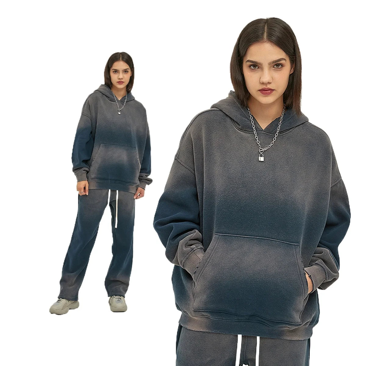 Custom LOGO 2025 autumn winter new 360G heavy sweater men's women's spray-dyeing old thickened hooded trendy sweater trousers clothes set