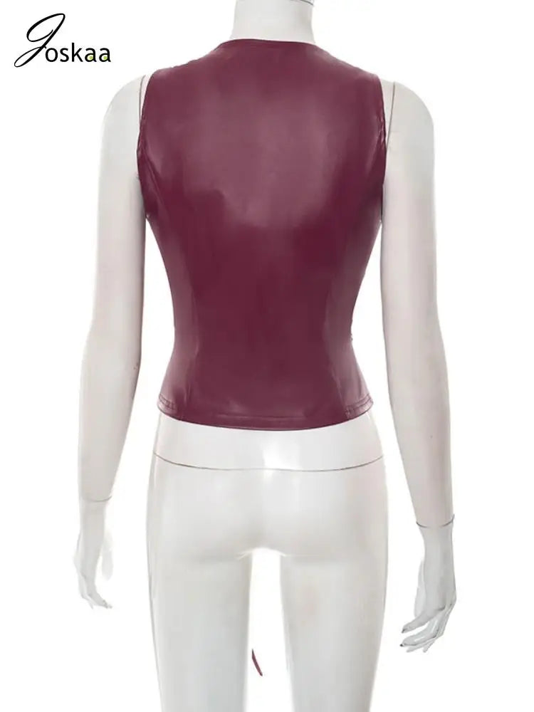 Joskaa 2025 Women's Pu Leather Tops Sexy Cutout Crew Neck Sleeveless Zip Front Tie Detail Tees Party Club Tshirts Y2K Streetwear