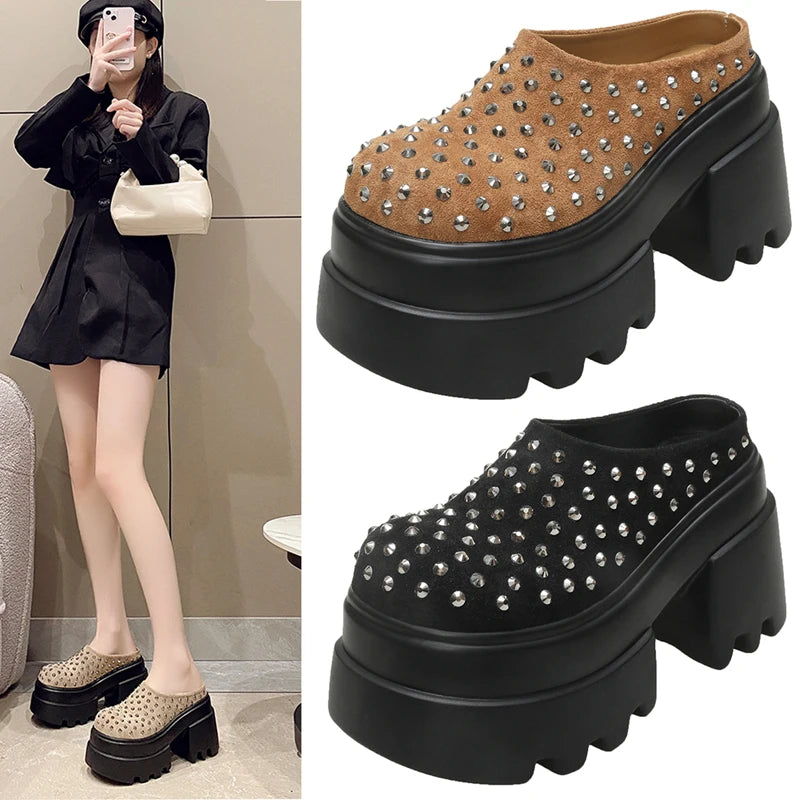 10CM New Rivet Platform Women Slippers Fashion Chunky High Heeled Sandals Comfort Roma Style Round Toe Slide Mule Shoes Summer