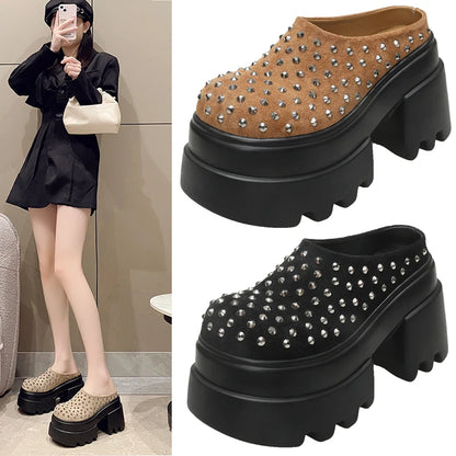 10CM New Rivet Platform Women Slippers Fashion Chunky High Heeled Sandals Comfort Roma Style Round Toe Slide Mule Shoes Summer
