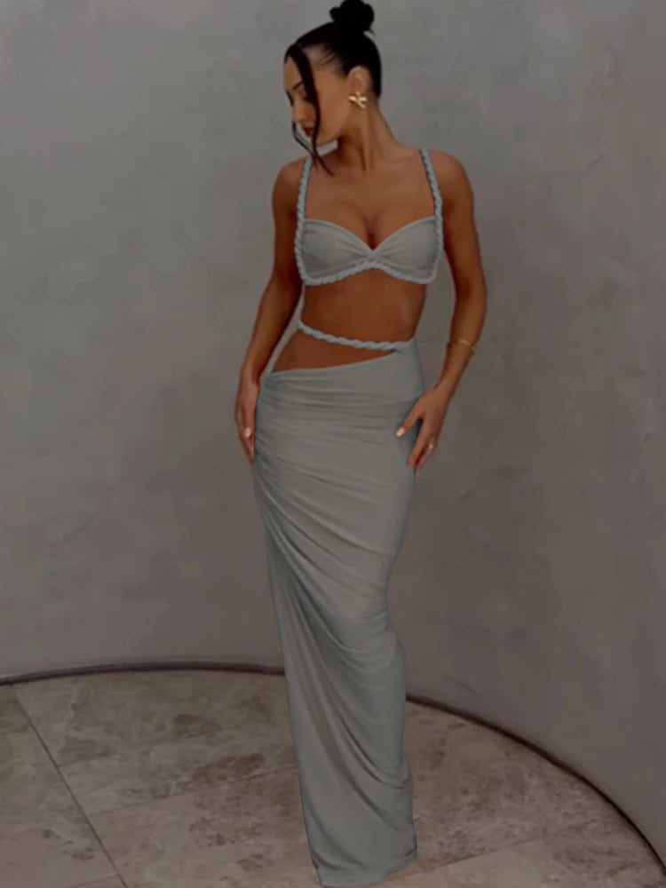 Weird Puss Bandage Ruched 2 Piece Set Women Square Collar Bra+Skinny Long Skirts 2025 Summer Vacation Beach Party Trend Suits
