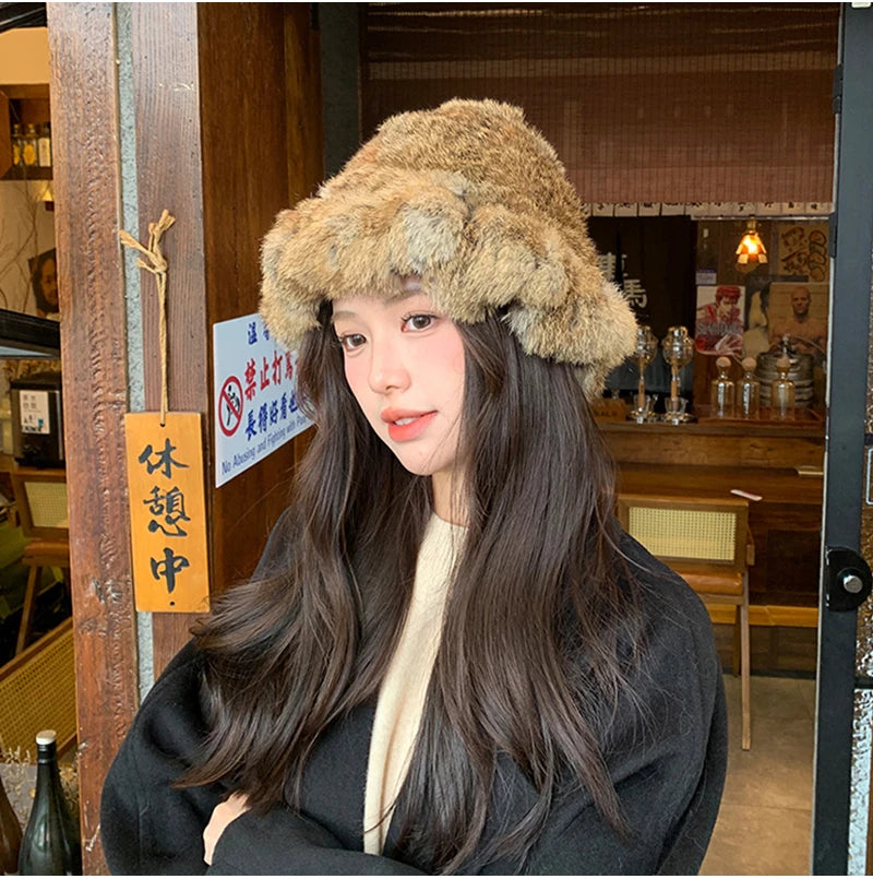 New Real Rabbit Fur Fisherman's Hat For Women Winter Warm Rabbit Fur Caps Soft Natural Rabbit Fur Hats Female Fashion Fur Cap