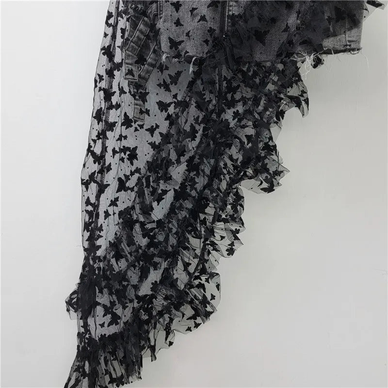 American Fashion Irregular Mesh Embroidery Butterfly Skirt Splicing Denim Elastic A Line Short Skirt Women Clothing 2025 New