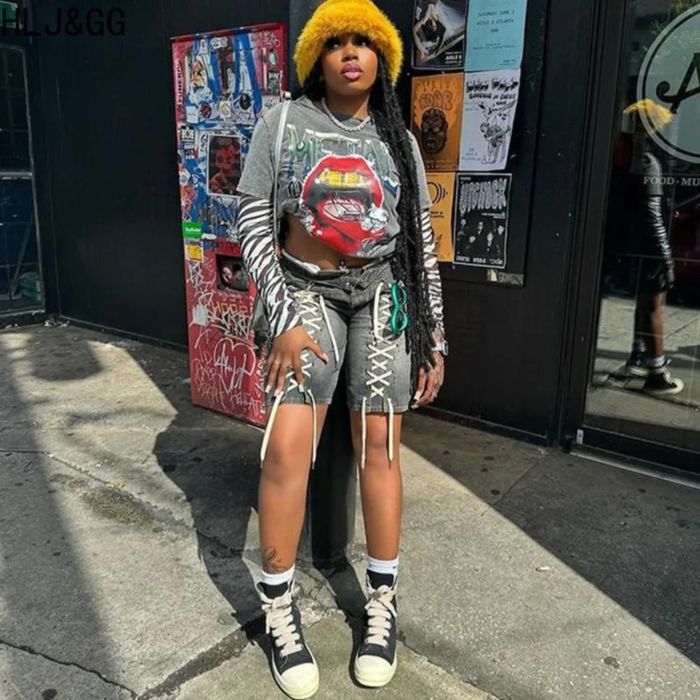 HLJ&GG American Vintage Fashion Bandage Straight Jean Shorts Women High Waisted Button Loose Denim Shorts Female Cowboy Bottom