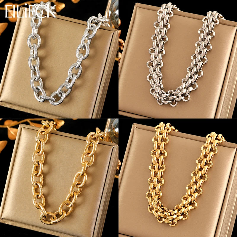 EILIECK 316L Stainless Steel Gold Silver Color Thick Chain Necklace For Women Fashion Cuban Neck Chain Waterproof Jewelry Gift