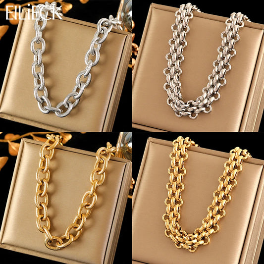 EILIECK 316L Stainless Steel Gold Silver Color Thick Chain Necklace For Women Fashion Cuban Neck Chain Waterproof Jewelry Gift