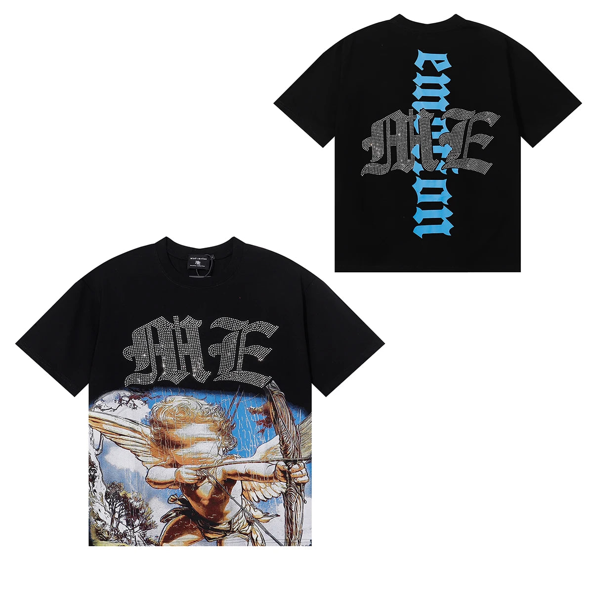 New Summer Letter Rhinestone Short Sleeve Black Mens Tshirts Streetwear Cotton Loose Round Neck Top Tees Oversized Unisex Tshirt