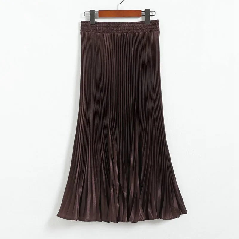 Women's Fashion Pleated Mermaid Long Skirt Korean Style Casual High Waist Satin Flowy Skirts Shiny 19 Colors 2024 Spring SK500