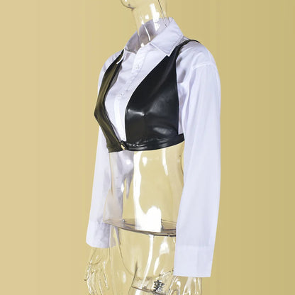 Joskaa Casual Lapel Long Sleeve Single Breasted Slim Crop White Blouses with Black Pu Bra Matching 2024 Chic Tops Streetwear
