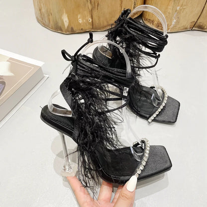 Eilyken Fashion Summer Rhinestone Feather Women Sandals Lace-up Cross-Tied Sexy Gladiator Square Toe Ladies High Heel Shoes