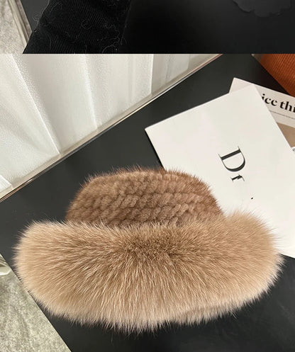 New Genuine Real Natural Knitted Mink Fur Hat Cap Luxury Women Handmade Knit Fashion Winter Headwear Warm Real Fox Fur Beanies