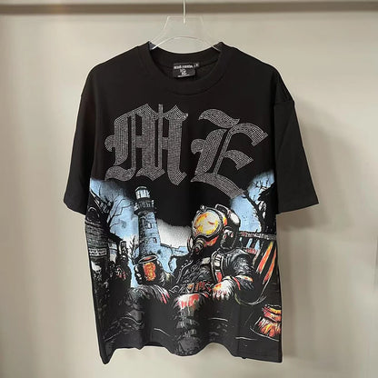 New Summer Letter Rhinestone Short Sleeve Black Mens Tshirts Streetwear Cotton Loose Round Neck Top Tees Oversized Unisex Tshirt