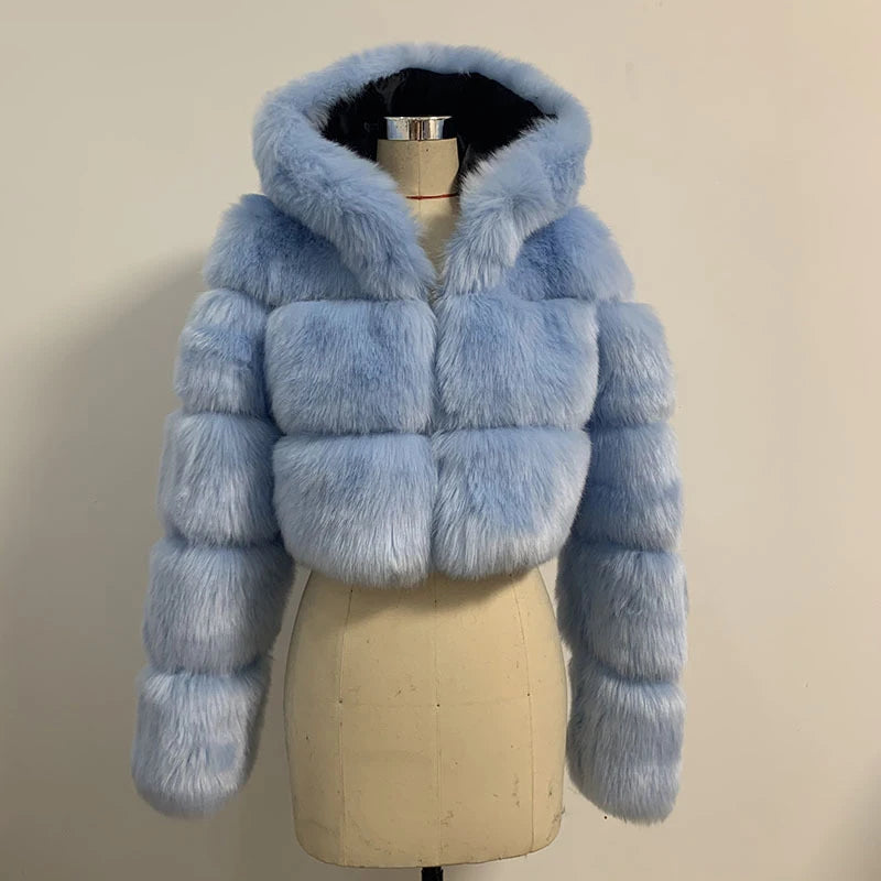 S-6XL Women Coat Autumn Winter Short Hooded Faux Fox Fur Coat Thick Warm Outerwear Fake Fur Woman Jackets Ladies Furry Coats