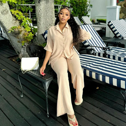 Pant Set Women Two Piece Sets Turn Down Collar Matching Sets Shirt Tops Casual Loose Wide Leg Long Pants Elastic Waist 2025