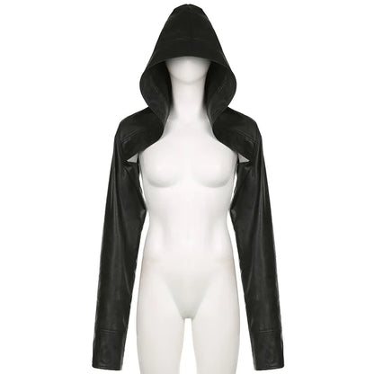 ALLNeon Y2K Rave Faux Pu Leather Hooded Cropped Jackets Tops Baddie Punk Long Sleeve Hoodies Short Coat Women Hot Street Outwear
