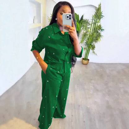 Women Sets Single Breasted Blouses Turn Down Collar Tops Two Pieces Diamonds Ankle Length Straight Pant Pockets Casual Loose