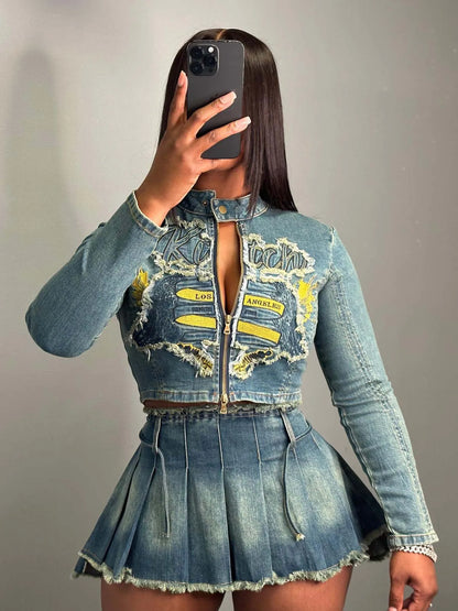 CM.YAYA Denim Women's Set Letter Embroidery Full Sleeve Jacket and Pleated Skirts Suits Streetwear Sexy Two 2 Piece Set Outfits