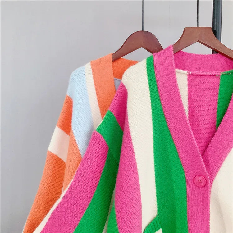 Joskaa Striped Patchwork Knitted Cardigan Women V-Neck Long Sleeve Single Breasted Sweater Coat Autumn 2023 Outwear Streetwear