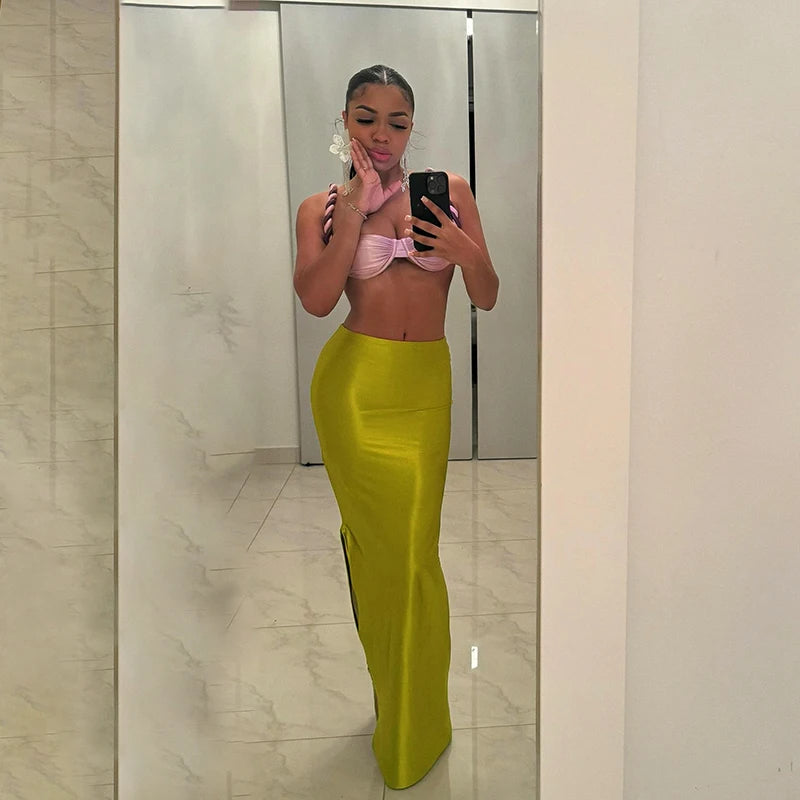 CUTENOVA Stain Long Solid Color Skirt Elegant High Waist Side Split Maxi Skirts Party Sexy Clothes for Women Autumn 2024