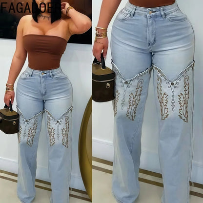 FAGADOER Y2k Fashion Embroidery Denim Straight Leg Pants Women 2025 Summer New Retro Washed Jeans Straight Trousers Streetwear