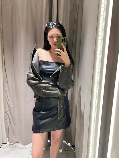 RARF Women's new vintage wash to do old short lapel long sleeve loose pu imitation leather jacket coat