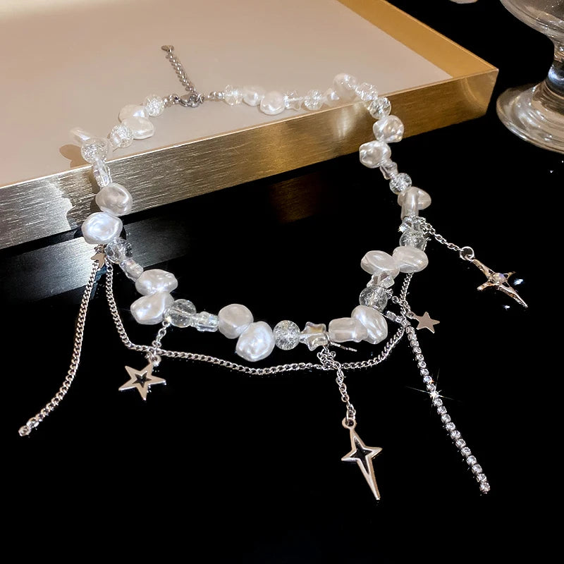 Silver Color Hollow Star Choker Necklaces For Women Long Tassel Rhinestone Imitation Pearl Chain Necklaces Statements Jewelry