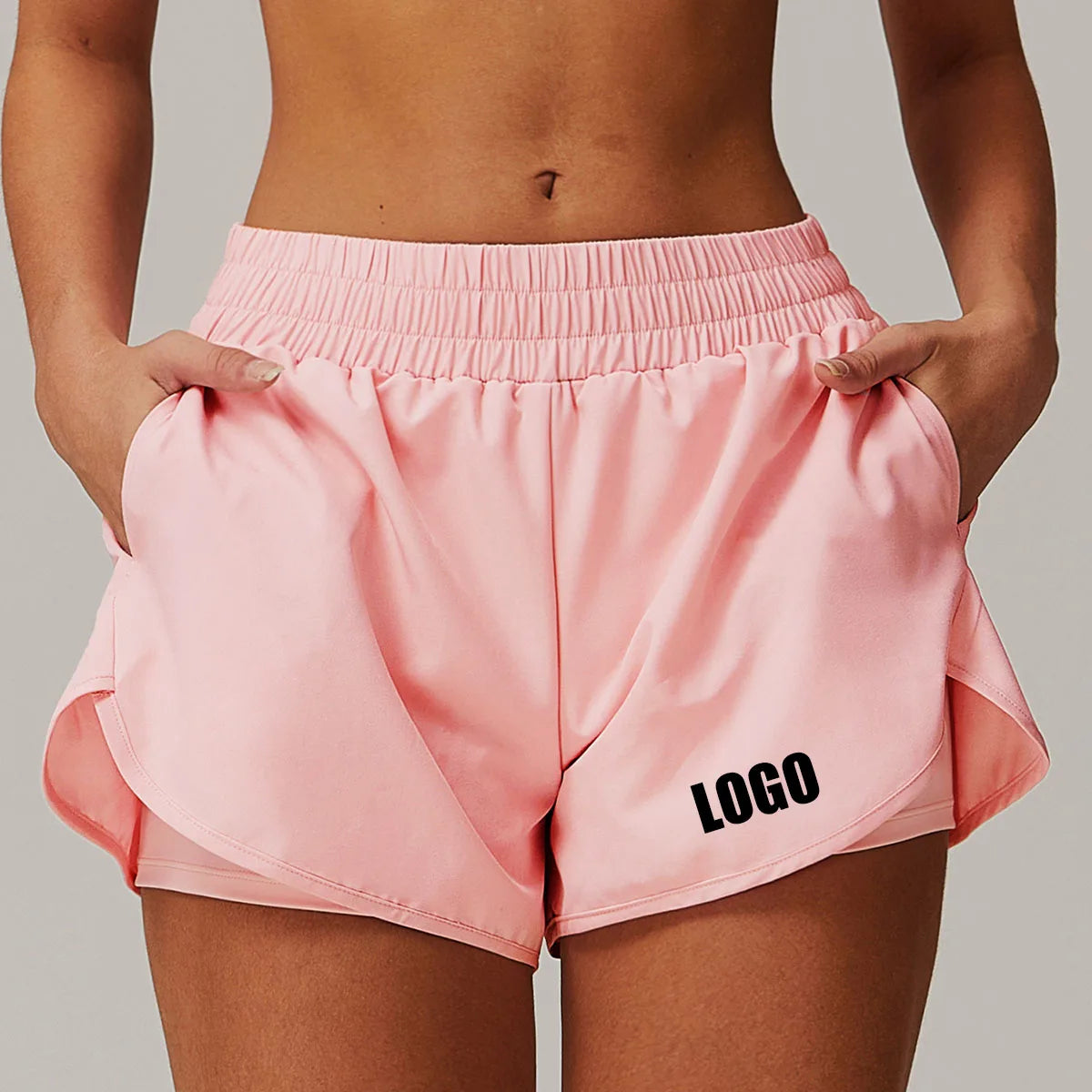 Custom LOGO women's pocket nude quick-drying yoga shorts fake two-piece sports hip-lifting shorts running cycling fitness pants