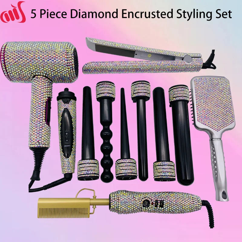 Rhinestone Diamond Hot Tools Set Hair Straightener Iron Comb Ionic Blow Dryer Curling Irons Hair Styling Appliances