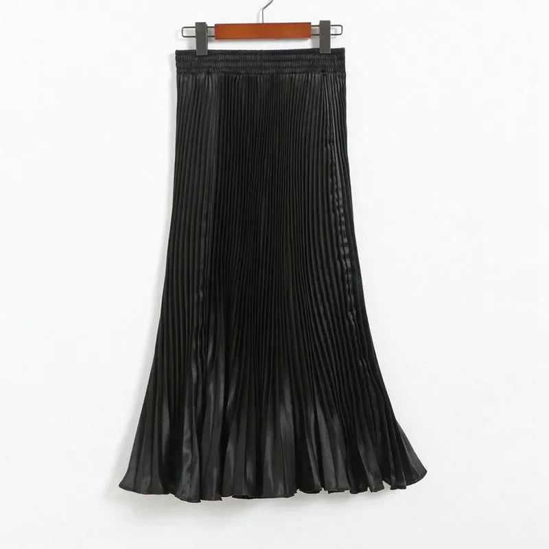 Women's Fashion Pleated Mermaid Long Skirt Korean Style Casual High Waist Satin Flowy Skirts Shiny 19 Colors 2024 Spring SK500