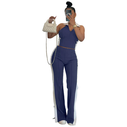 CM.YAYA Sporty Patchwork Women's Set Sleeveless Polo-tank Tops and Slit Flare Pants 2025 Active Two 2 Piece Set Outfit Tracksuit